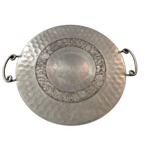 Cromwell Hand Wrought Aluminum Round Tray Hammered Fruit Floral 17 inch Vintage